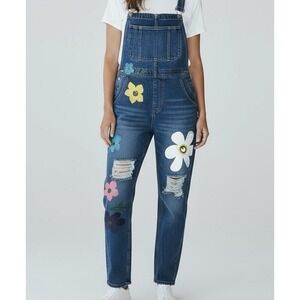 Women's Distressed Denim Overalls Floral Hand Painted Print‎ Retro Y2K  Sz Small